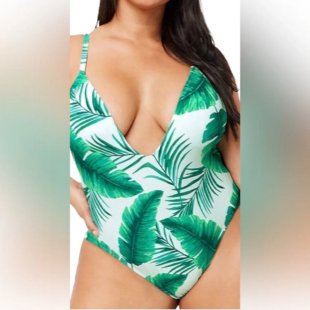 Forever 21 Floral Tropical Vogue Green White one piece Swimsuit